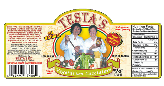 Testa's Vegetarian Cacciatore Sauce Label